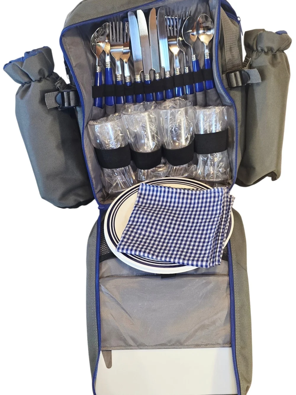 Picnic Backpack Set for 4 Gray Blue Plates Glasses Flatware Insulated Bag